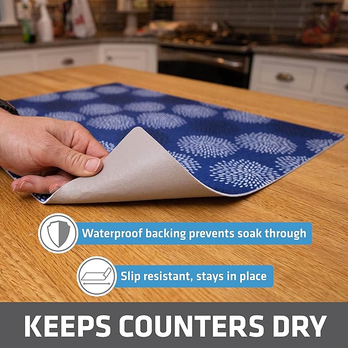 Drymate Jumbo XL Dish Drying Mat (19”x24”), Low-Profile, Super Absorbent, Quick Dry Fabric, Waterproof & Slip-Resistant, for Kitchen Counter, Trimmable, Easy to Clean (USA Made)(GoodBlue)