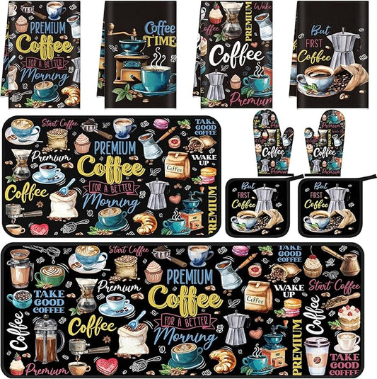 Fourluoo 10 Pcs Coffee Kitchen Decor Set Coffee Kitchen Dish Towels Oven Mitts and Pot Holders Farmhouse Rugs Mats Vintage Black Potholders for Chef Baking Cooking Grilling BBQ Women Accessories Gift