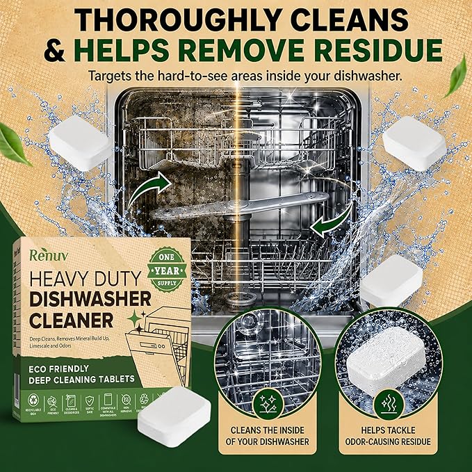 Renuv® Heavy Duty Dishwasher Cleaner & Deodorizer Tablets, Descaler, Deep Cleaning, Natural Odor & Smell Remover, Calcium, Limescale, Hard Water Marks, Grease, Septic Safe Pods (12 Tabs 1 Yr Supply)