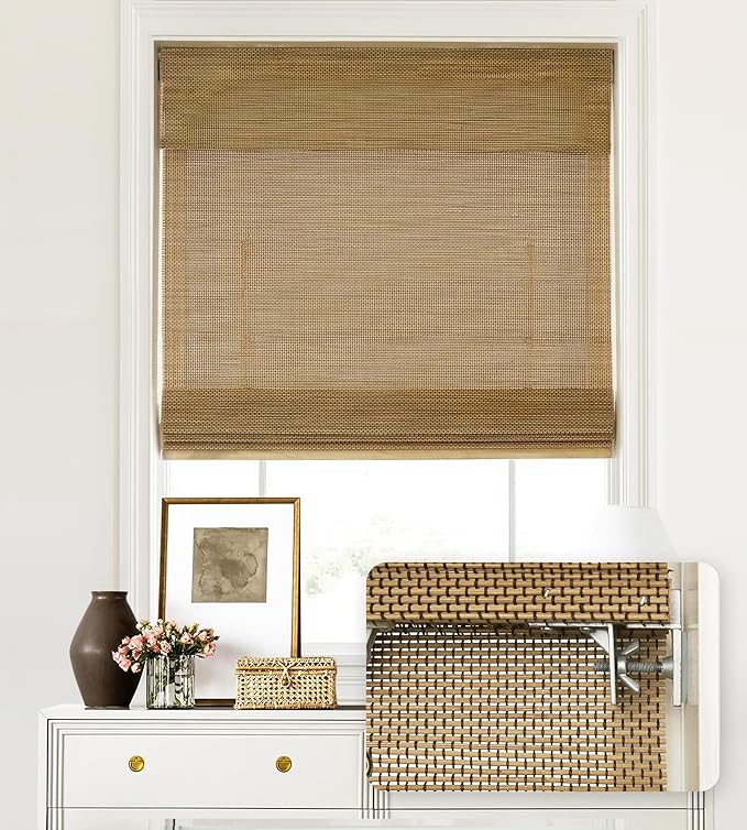 LazBlinds No Tools No Drill Cordless Bamboo Roman Shades, Light Filtering Window Treatment, Roll Up Bamboo Blinds for Windows 30'' W x 64'' H, Acorn