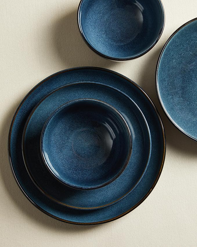Pokini Stoneware Dinnerware Sets Service for 4, 12 pcs Reactive Glaze Plates and Bowls Sets, Handmade Ceramic Dish Set, Highly Chip and Crack Resistant Modern Plate Set, Starry Blue