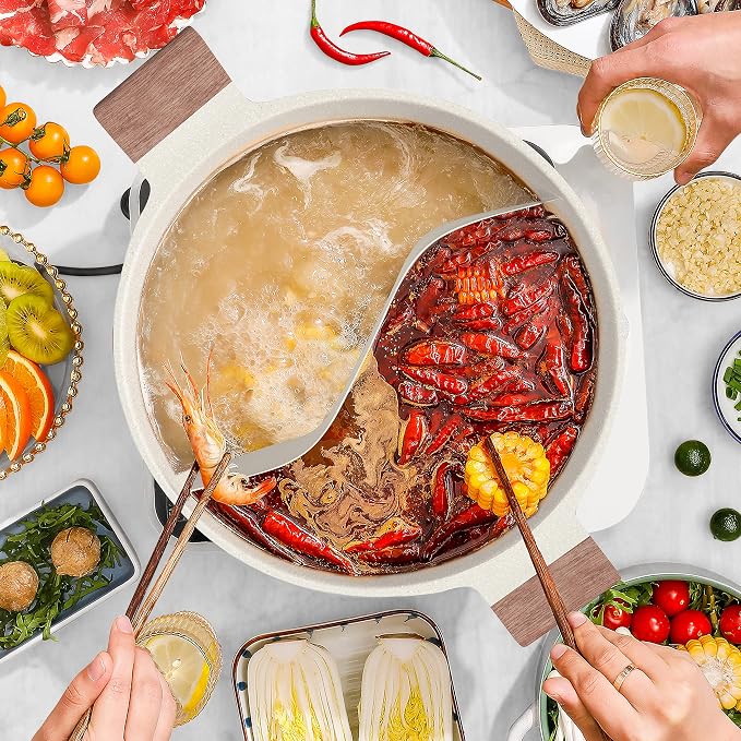 Dezin 5-QT Hot Pot with Divider, Double-flavor Shabu Shabu Pot, Divided Pot | Nonstick Granite Pot, 12"Divided Stockpot, Compatible with Induction Cooktop, Gas/Ceramic/Electric Stove, Soup Ladle Included