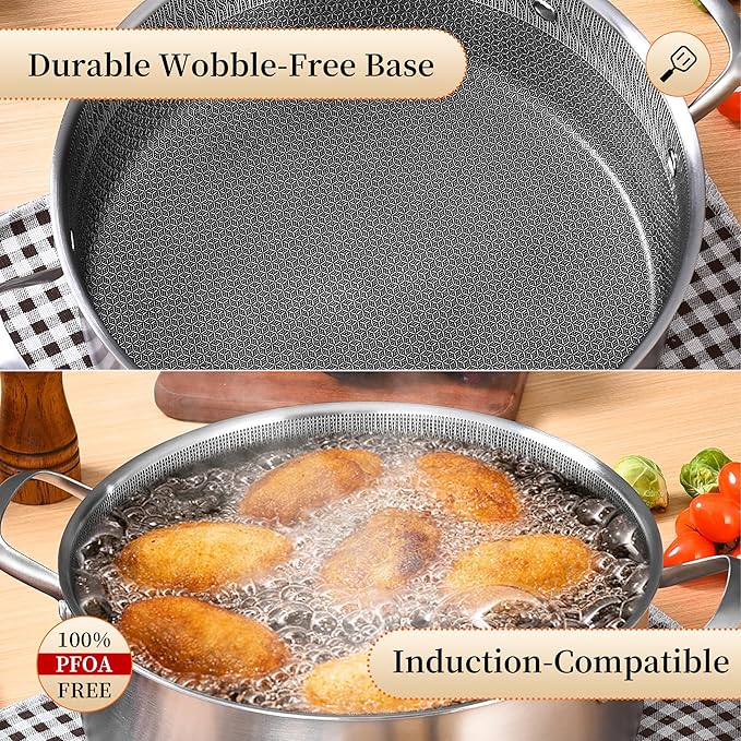 LOLYKITCH 7 QT Large Deep Frying Pan with Lid, 12 Inch Nonstick Triply Stainless Steel Skillet Saute Pan, Ceramic Hybrid Honeycomb Cookware for Family Meal – Oven & Induction Ready, Riveted Handles