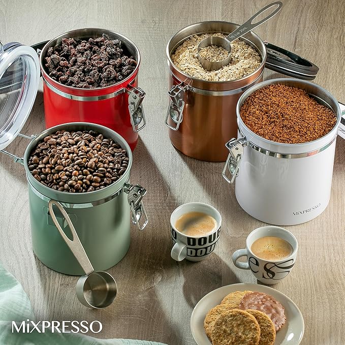 Mixpresso Copper 16 Oz Stainless Steel Coffee Canister with Scoop – Airtight Coffee Container with CO2 Valve for Bean Storage, Date Tracker Lid