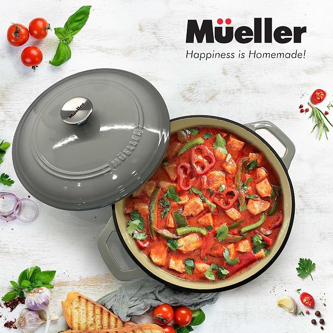 Mueller 6 Quart Enameled Cast Iron Pot Dutch Oven, Heavy-Duty | Oven-Safe up to 500°F & Across All Cooktops, Casserole Dishes for Ovens, Bread Pan with Lid & Knob, Cast Iron Cookware, Grey
