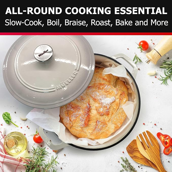 Mueller DuraCast 6QT Enameled Cast Iron Dutch Oven with Lid, Heavy-Duty | Casserole & Braiser Pan, Sourdough Bread Baking, PFOA-Free, 500°F Oven Safe, All Cooktops incl. Induction, White